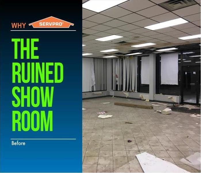 SERVPRO Logo with text, The Ruined Show Room, Before with picture of trashed auto dealership showroom