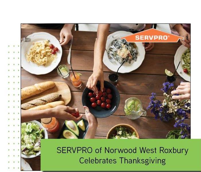 Thanksgiving food with green banner and SERVPRO logo